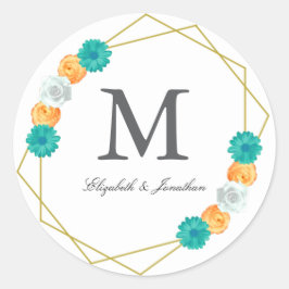 Oranje Blauwgroen Floral Geometric Wedding Ronde Sticker