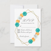 Oranje Blauwgroen Floral Geometric Wedding RSVP Kaartje (Voorkant)