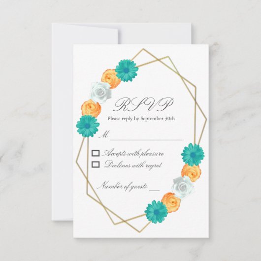 Oranje Blauwgroen Floral Geometric Wedding RSVP Kaartje (Voorkant)