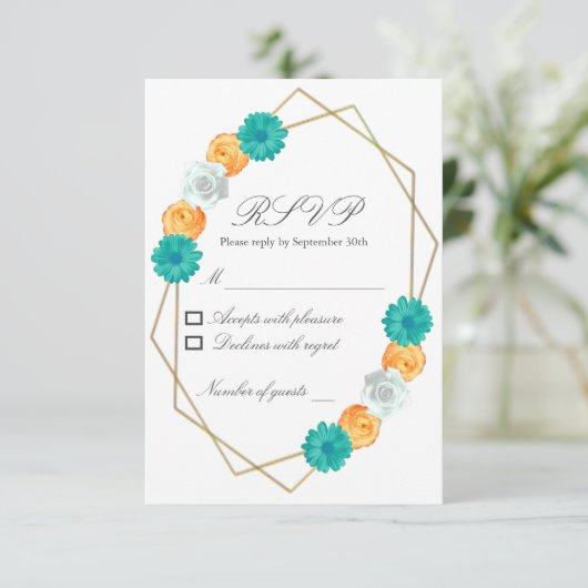 Oranje Blauwgroen Floral Geometric Wedding RSVP Kaartje (Staand voorkant)