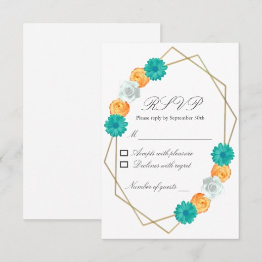 Oranje Blauwgroen Floral Geometric Wedding RSVP Kaartje (Voorkant / Achterkant)