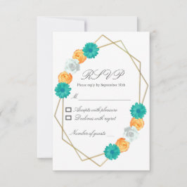 Oranje Blauwgroen Floral Geometric Wedding RSVP Kaartje