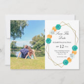 Oranje Blauwgroen Floral Geometric Wedding Save The Date (Voorkant)
