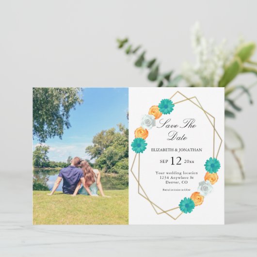 Oranje Blauwgroen Floral Geometric Wedding Save The Date (Staand voorkant)
