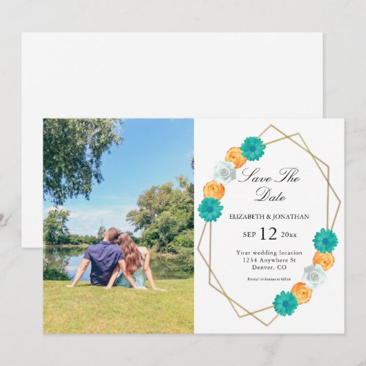 Oranje Blauwgroen Floral Geometric Wedding Save The Date (Voorkant / Achterkant)