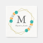 Oranje Blauwgroen Floral Geometric Wedding Servet (Voorkant)