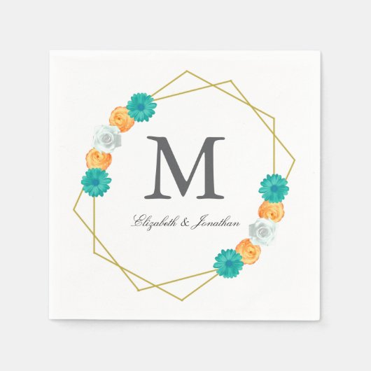 Oranje Blauwgroen Floral Geometric Wedding Servet (Voorkant)