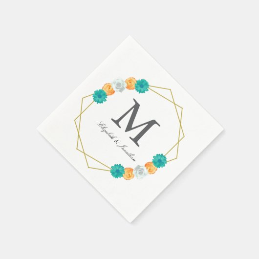 Oranje Blauwgroen Floral Geometric Wedding Servet (Hoek)