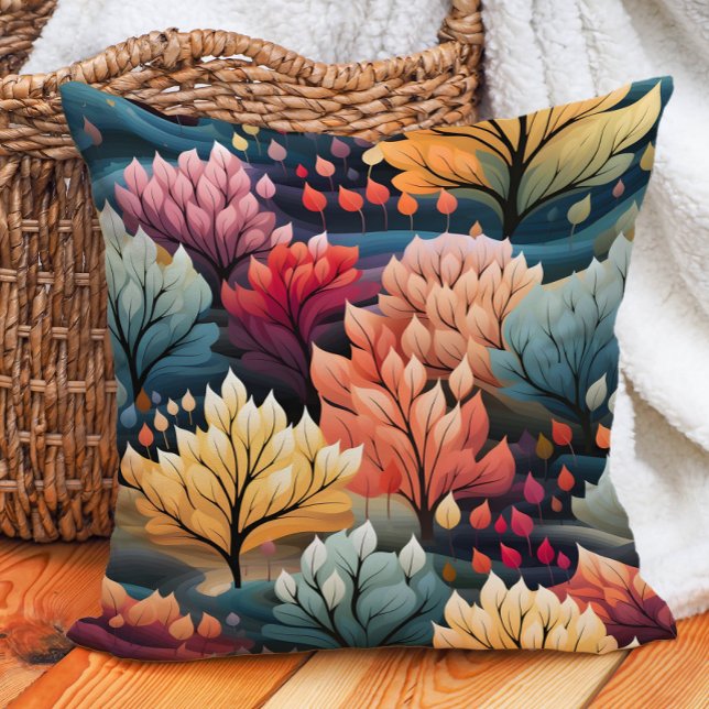 Oranje Blauwgroen gele bomen Kussen (Teal, orange, and yellow autumn leaves pillow)