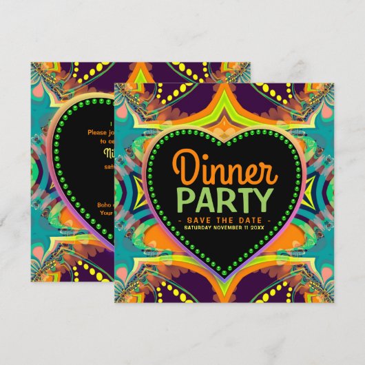 Oranje Blauwgroen Groovy Hippie Bohemian, met de g Save The Date (Voorkant / Achterkant)