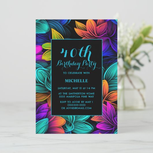 Oranje Blauwgroen Paarse neonbloemen 40e geboorted Kaart (Staand voorkant)
