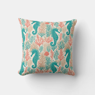 Oranje Blauwgroen Seahorse Beachy Sealife Pattern Kussen