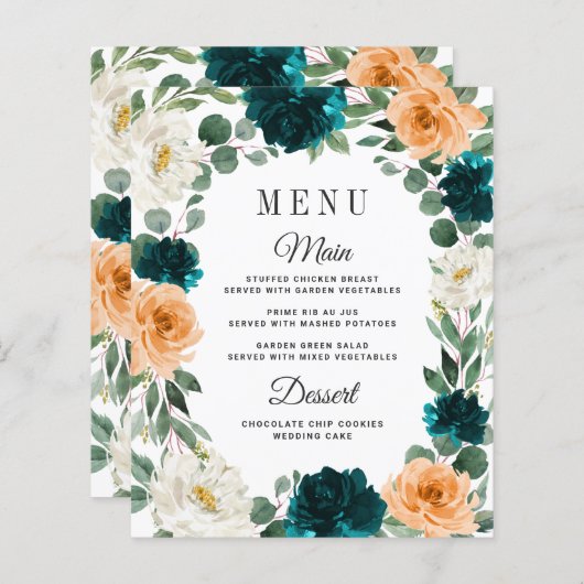 Oranje Blauwgroen Turquoise Blue Boho Wedding Menu (Voorkant / Achterkant)