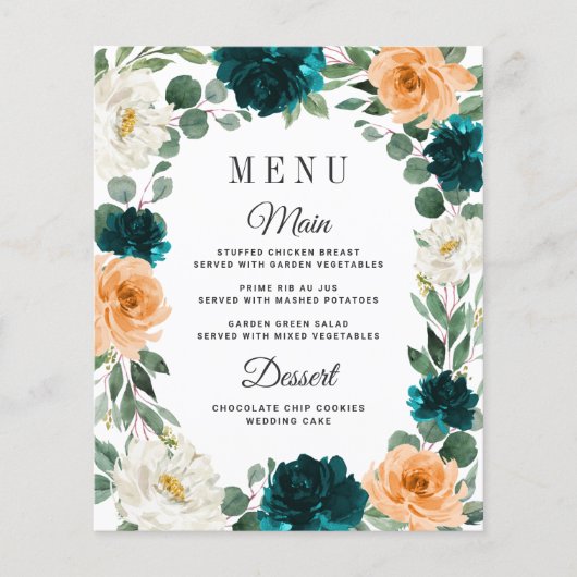 Oranje Blauwgroen Turquoise Blue Boho Wedding Menu (Voorkant)