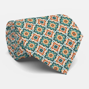 Oranje, Blauwgroen & Witte Bloemen Tegel Patroon Stropdas
