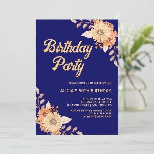 Oranje Bloem Botanisch Goud Marine Blauw Verjaarda Kaart (Staand voorkant)