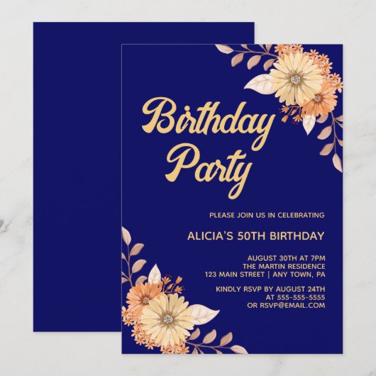 Oranje Bloem Botanisch Goud Marine Blauw Verjaarda Kaart (Voorkant / Achterkant)