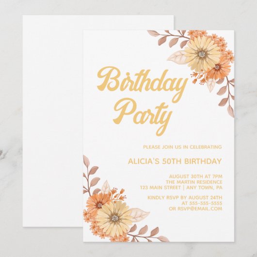 Oranje Bloem Botanisch Goud Wit Verjaardag Kaart (Voorkant / Achterkant)