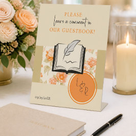 Oranje Bloem Bruiloft Monogram Gastboek Bord Reclamebord Met Voetstuk