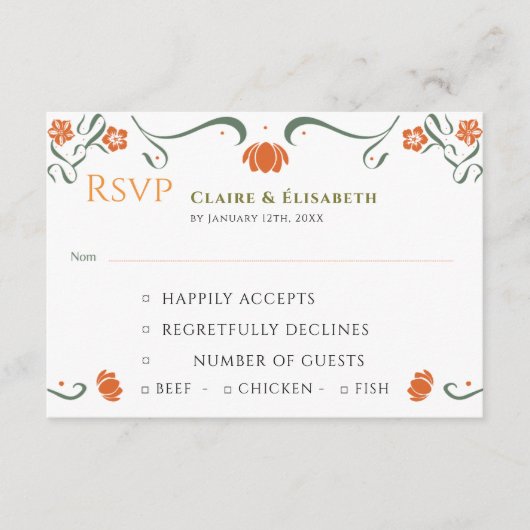 Oranje Bloem Bruiloft RSVP Kaart (Voorkant)