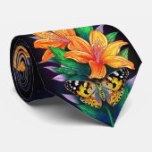 Oranje bloem in zwarte sterrenachtergrond stropdas (Opgerold)