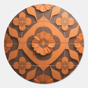 Oranje Bloem Medaillon Geometrisch Tegelmotief Ronde Sticker