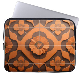 Oranje Bloem Medaillon Geometrisch Tegelpatroon Laptop Sleeve