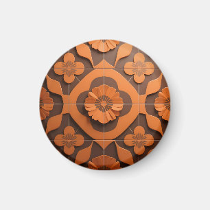 Oranje Bloem Medaillon Geometrisch Tegelpatroon Magneet