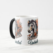 Oranje bloem versierd paard: vrouwelijke kunstenaa magische mok (Voorkant links)