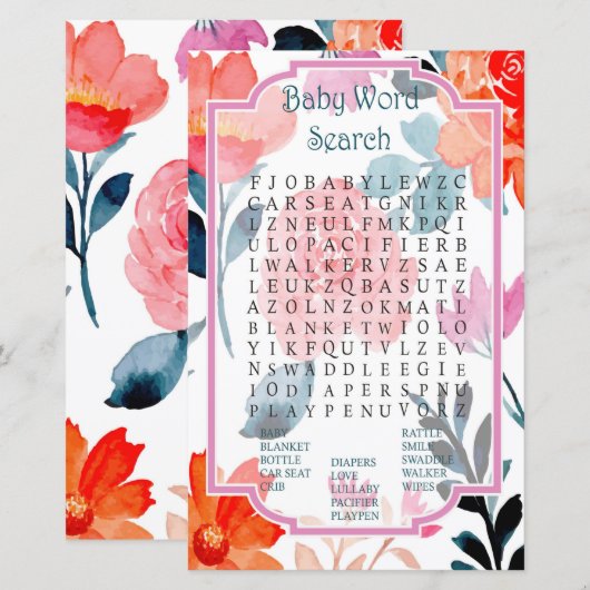 Oranje bloemen Baby shower Word Search Game (Voorkant / Achterkant)