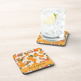 Oranje bloemen, bloemenpatroon, Jouw naam Bier Onderzetter