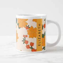 Oranje bloemen, bloemenpatroon, Jouw naam Grote Koffiekop