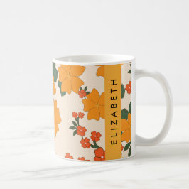 Oranje bloemen, bloemenpatroon, Jouw naam Koffiemok