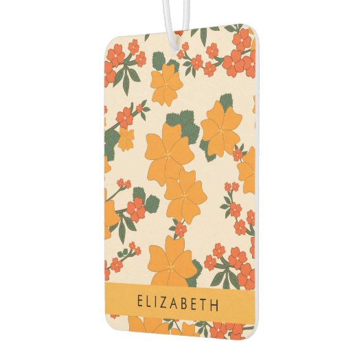 Oranje bloemen, bloemenpatroon, Jouw naam Luchtverfrisser (Links)