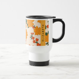 Oranje bloemen, bloemenpatroon, Jouw naam Reisbeker
