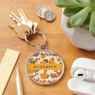 Oranje bloemen, bloemenpatroon, Jouw naam Sleutelhanger