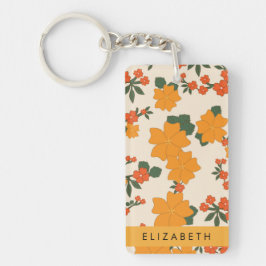 Oranje bloemen, bloemenpatroon, Jouw naam Sleutelhanger