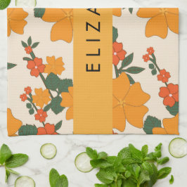 Oranje bloemen, bloemenpatroon, Jouw naam Theedoek