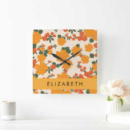 Oranje bloemen, bloemenpatroon, Jouw naam Vierkante Klok