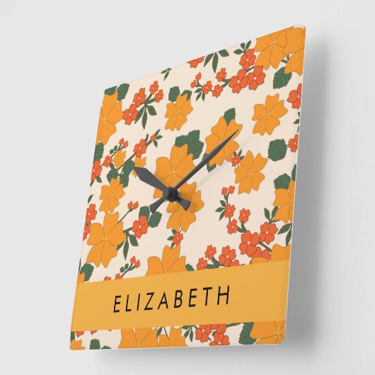 Oranje bloemen, bloemenpatroon, Jouw naam Vierkante Klok (Hoek)