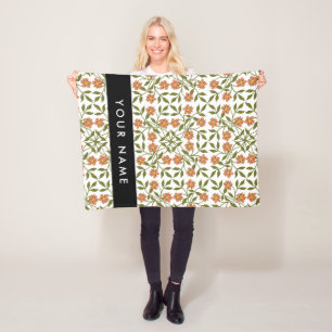 Oranje bloemen, bloemmotief, Boho, Jouw naam Fleece Deken