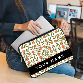 Oranje bloemen, bloemmotief, Boho, Jouw naam Laptop Sleeve