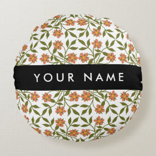 Oranje bloemen, bloemmotief, Boho, Jouw naam Rond Kussen