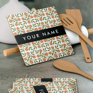 Oranje bloemen, bloemmotief, Boho, Jouw naam Tegeltje