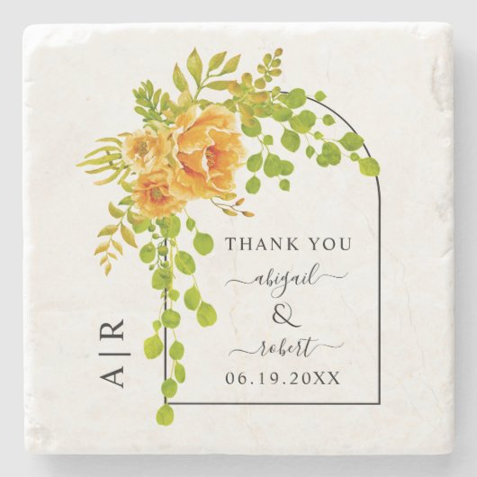 Oranje bloemen, boog en monogram ter gelegenheid v stenen onderzetter (Voorkant)