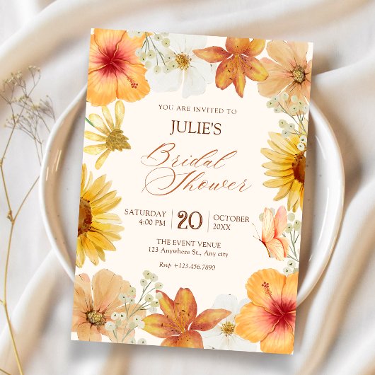 Oranje bloemen bruidsdouche kaart