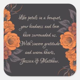 Oranje Bloemen Elegante Dankbaarheid Bruiloft Stic Vierkante Sticker