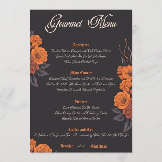 Oranje bloemen elegante gourmet menu (Voorkant)