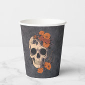 Oranje bloemen elegante schedel bruiloft papieren bekers (Achterkant)