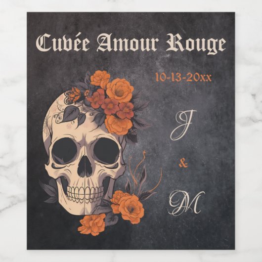 Oranje bloemen Elegante schedel Monogram bruiloft Wijn Etiket (Enkel label)